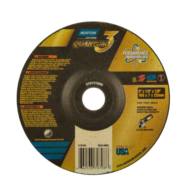 Norton Abrasives 66253370802 Depressed Center Wheels, Type 27, 9 in Dia, 0.25 in Thick, 7/8 in Arbor Hole Size, CeramicGrit